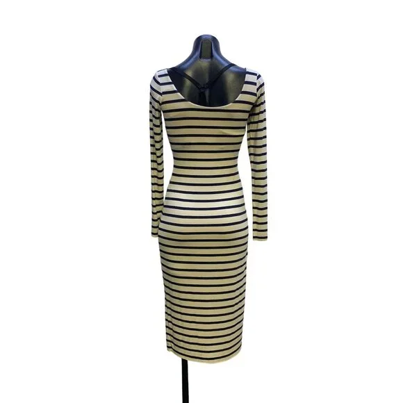 Nadia Tarr Navy & Cream Striped Long Sleeve Midi Dress Size Medium - Picture 2 of 6